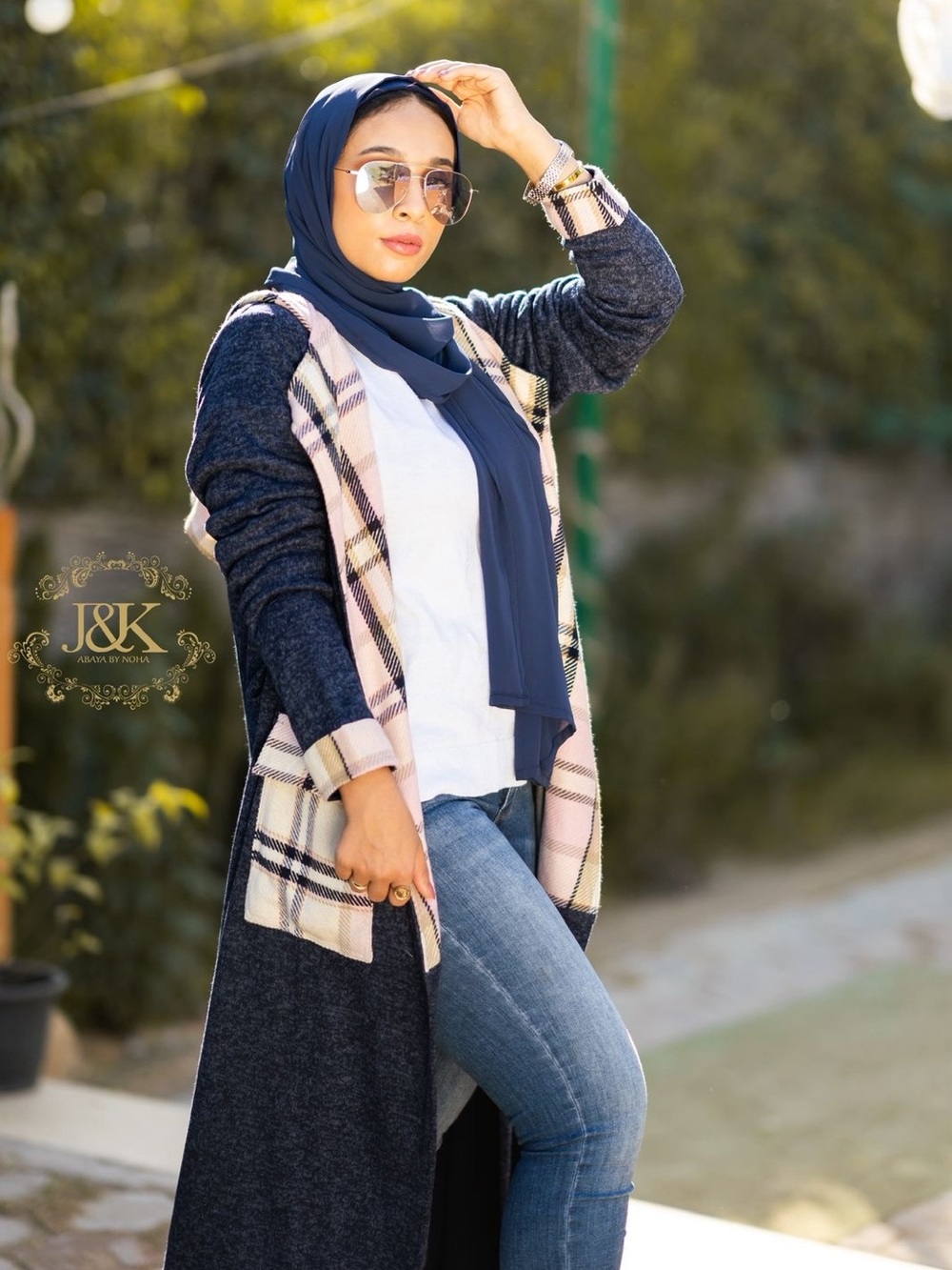 Navy Plaid-Trim Long Cardigan Sweater